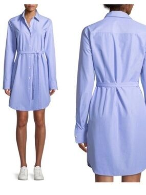 Theory Light Blue Long-Sleeve Shirt Dress with Waist Tie